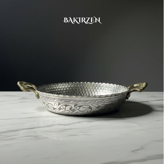 İşlemeli Gümüş Renk Bakır Sahan