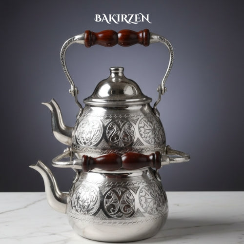 Üstten Kulplu, İşlemeli Gümüş Çaydanlık (Battal Boy)