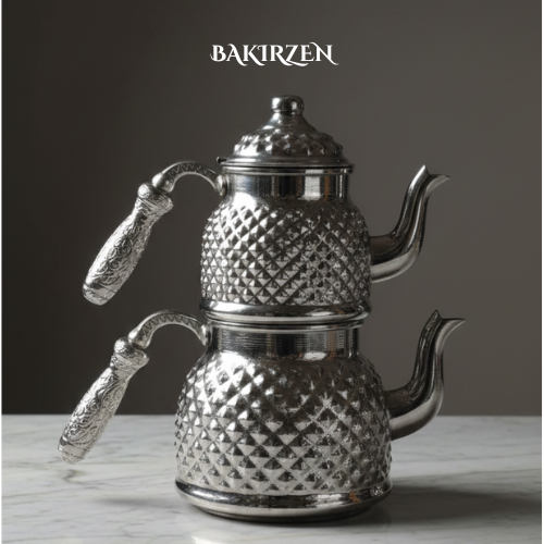 Gümüş Piramit Kabartma Bakır Çaydanlık